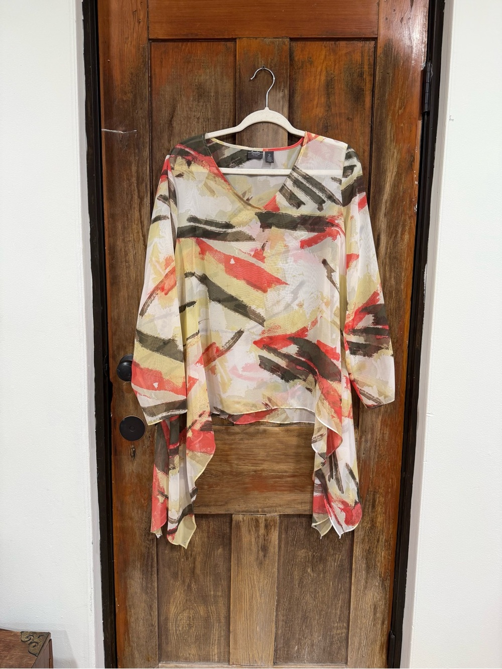 Chico's Sheer Abstract Brushstroke Swim Coverup in Coral, Olive & Cream